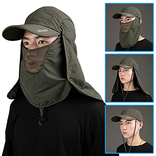 Sireck Fishing Hat Sun Cap, Outdoor UPF 50+ Safari Hat with Removable Neck Flap, Breathable & Sun Protection Hiking Hat Bucket Hats for Men Women (Army Green)