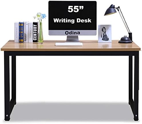 Office Desk,55in Large Computer Tabl for Home and Office Walnut Wooden Top + Black Metal Leg