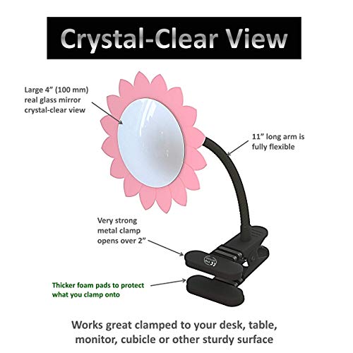 ClipOn Convex Desk and Cubicle Mirror to See Behind You. Pink Flower