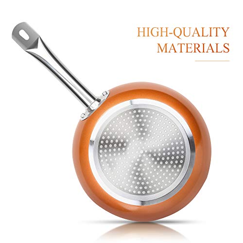 SHINEURI Nonstick Frying Pan Copper Pan with Stainless Steel Handle Round Frying Pan for Broiling Steaming and Braising, Dishwasher Safe PFOA PTFE Free (9.5 inch)