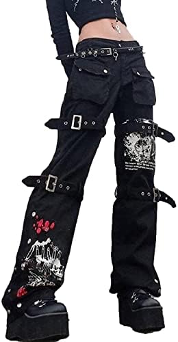 パンツ Y2K MAD PUNKS gimmick lace cargo pants Womens Gothic Punk Cargo Pants High Waist Flare Pants Wide Leg