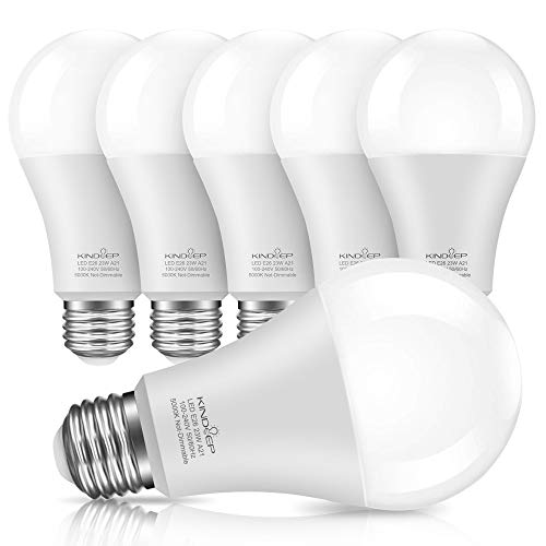 Kindeep E26 LED Bulbs, 150W-200W Incandescent Bulb Equivalent, 23W, A21 LED Light Bulbs, 2500 Lumens, Daylight White 5000K, Not-Dimmable (Pack of 6)