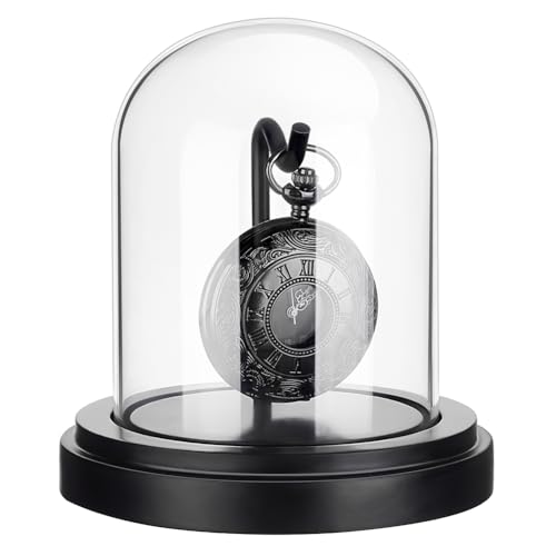 PH PandaHall 3x4 inch Pocket Watch Display Case Watch Glass Display Dome Cloche, Black Dome Cloche Wooden Base with Metal Hook for Pocket Watch Medals Collectibles Photos Ornaments