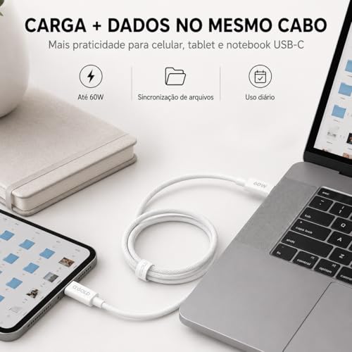 Cabo USB-C para USB-C 2 Metros 60W, Nylon Trançado Reforçado, Carga e Dados, Compatível com iPhone 15/16, Samsung Galaxy, Xiaomi, iPad, MacBook, Notebook e Tablet