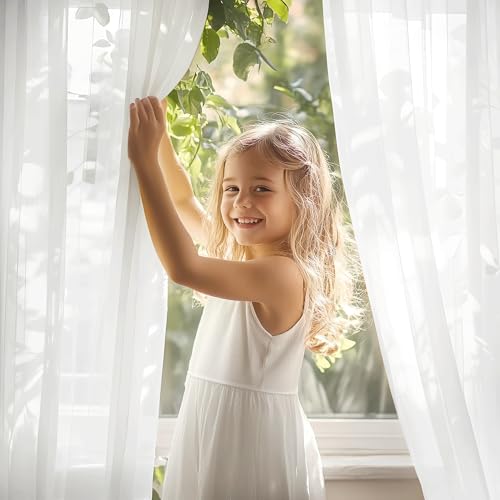 PONY DANCE Extra Wide Curtain, White, Transparent, Set of 1, H 245 x W 300 cm, Voile Curtain for Living Room & Bedroom with 3-in-1 Ruffle Tape for Rail & Pole