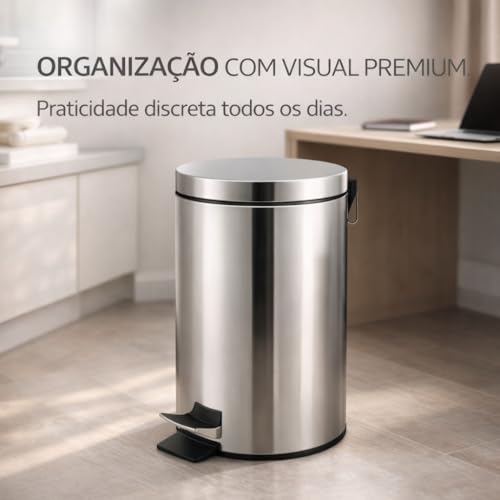 Lixeira Inox 12L com Pedal e Tampa Redonda 40cm Abertura Sem Mãos Compacta para Cozinha Banheiro Escritório Fácil Limpeza