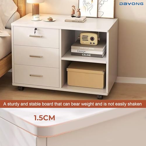 DAYONG Wooden Bedside Table, Modern Nightstand with 3 Drawers & Storage Shelves, Night Stands End Side Table for Bedroom Office, Dorm, Living Room, 60 x 34 x 59 cm (White)