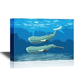 Canvas Wall Art - Two Geometric Whales Swimming Under The Ocean - Gallery Wrap Modern Home Art | Ready to Hang - 12x18 inches