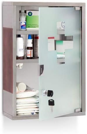 Relaxdays Medizinschrank EMERGENCY Edelstahl und Holz-Optik XL HBT: 45