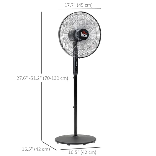 HOMCOM 16" Pedestal Fan with Remote, LED Control Panel, Tilted Head, Black | Standing Floor Fan with Height Adjustable, Timer, Oscillating, Bedroom