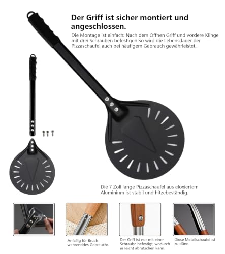 ZHEHNSA pala per pizza forata in alluminio Set,pala pizza forata 30 cm comoda impugnatura rimovibile, con paletta per pizza da 7 zoll e 12 zoll,Progettate per Girare e Trasferire le Pizze