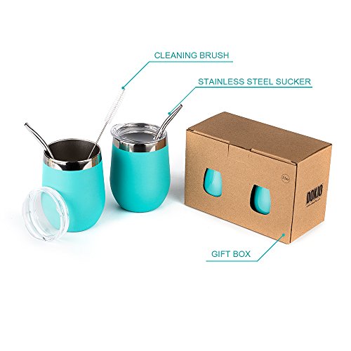 DOKIO Wine Glasses With Stainless Steel Straw 12oz Sippy Cup Tumbler Cyan Stemless Double Wall Vacuum Insulated With Lid Unbreakable For Ice Hot Drink Coffee Champagne Cocktail Mug 2 Sets