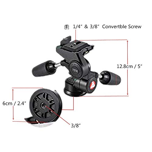 Tripod Pan Head and Tilt Head Professional 3 Way Pan with 1/4-Inch Threaded Quick Release Plate for Tripod, Monopod, Camera Slider, DSLR Camera, Camcorder