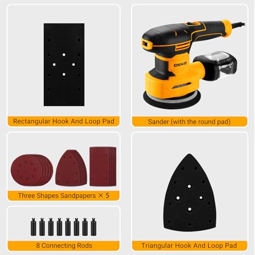DEKOPRO 3-IN-1 Multi-Function Sander 300W 13000RPM with 15 Sandpaper Sheets 6 Speed Woodworking Accessories