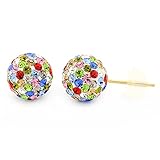 14K Gold 8mm Round Multi-Color Pave Crystal Disco Ball Stud Earrings