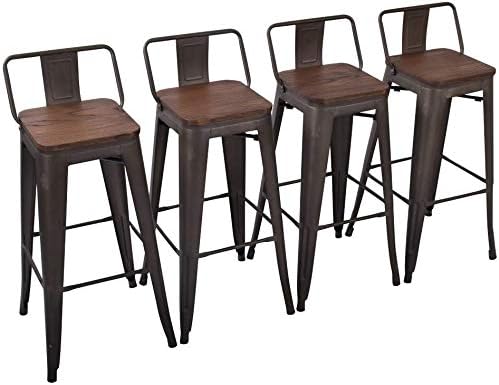 30" Low Back Metal Counter Stool Height Barstools, Industrial Dining Chair Kitchen Table Chairs for Indoor/Outdoor Bar Stools [Set of 4], Rusty Wooden