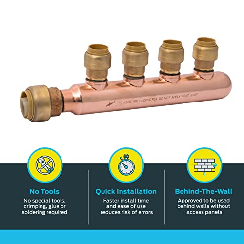 SharkBite 3/4 Inch x 1/2 Inch Outlet 4 Port Closed MultiPort Tee, Push