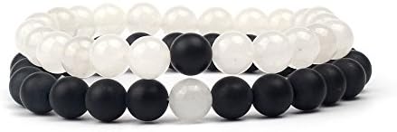 Friendship Couples Unisex 8mm Natural Stone Beaded Bracelets Mala Bead Gemstone Bracelet, Pack of 2, White Sea Gemstone and Black Onyx
