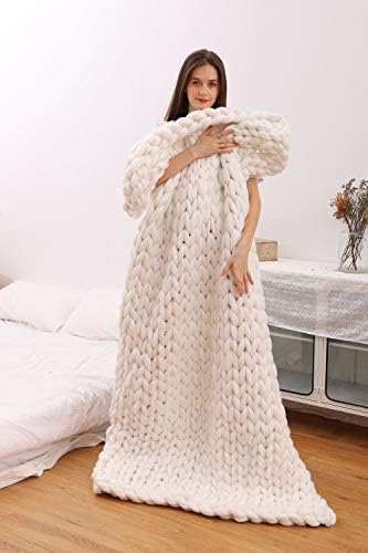 Slinamo Chunky Yarn Knit Blanket Boho Home Decor Throw Wool Hand Made Bulky Blanket for Bedroom Bed Chair(White 47"X59")