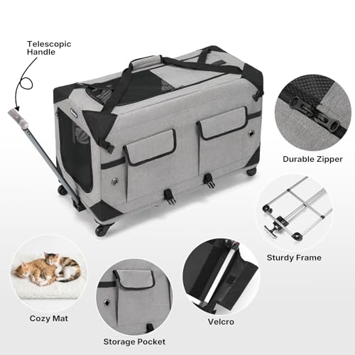Veehoo Large Pet Carrier with Wheels for 2 Cats, Extra Long 76cm Foldable Rolling Cat Carrier with Removable Divider & Telescopic Handle, Soft-Sided Pet Travel Carrier for 2 Small Dogs, 76× 38× 51 cm