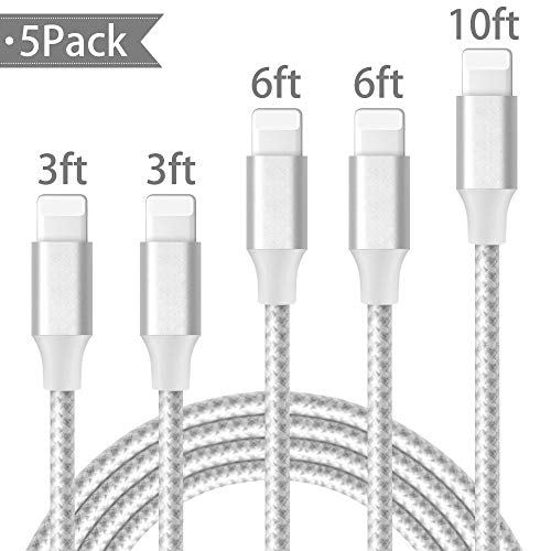 Phone Cable 5Pack 3FT 3FT 6FT 6FT 10FT to USB Syncing Data and Nylon Braided Cord Charger Charging Cable Compatible Phone XS MAX, XR, X, 8, 7, 7 Plus, 6, 6s, 6 Plus, 5, 5c, 5s, SE -Silvergray