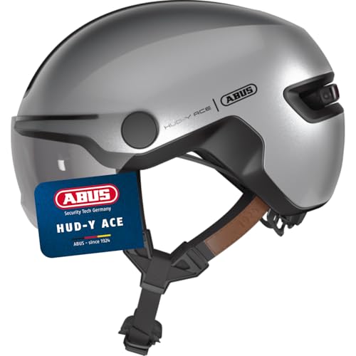 ABUS Stadthelm HUD-Y ACE - stylischer Fahrradhelm mit Visier und magnetischem, aufladbarem LED-Rücklicht - für Damen und Herren - Silber, Größe S