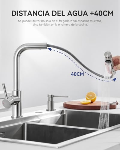 Sofetiy Kitchen Faucet Extendable Kitchen Faucet with Shower Two Types of Water Jet High Pressure Kitchen Faucet Brushed Stainless Steel Single Handle Kitchen Faucet 360° Rotation | Two kinds of water jet, 360° rotation, hot and cold water, stainless steel, single lever sink faucet