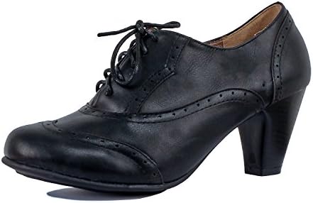 Guilty Shoes Womens Classic Retro Two Tone Embroidery - Wing Tip Lace Up Kitten Heel Oxford Pumps