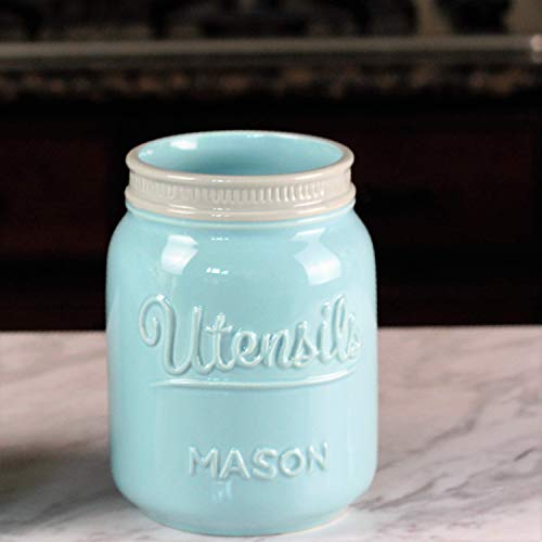 Wide Mouth Mason Utensil Holder - Large Ceramic Kitchen Utensil Holder - Rustic Farmhouse Caddy Organizer For Cooking Utensils, Spatula, Accessories - Beautiful Farm House Countertop Crock Decor