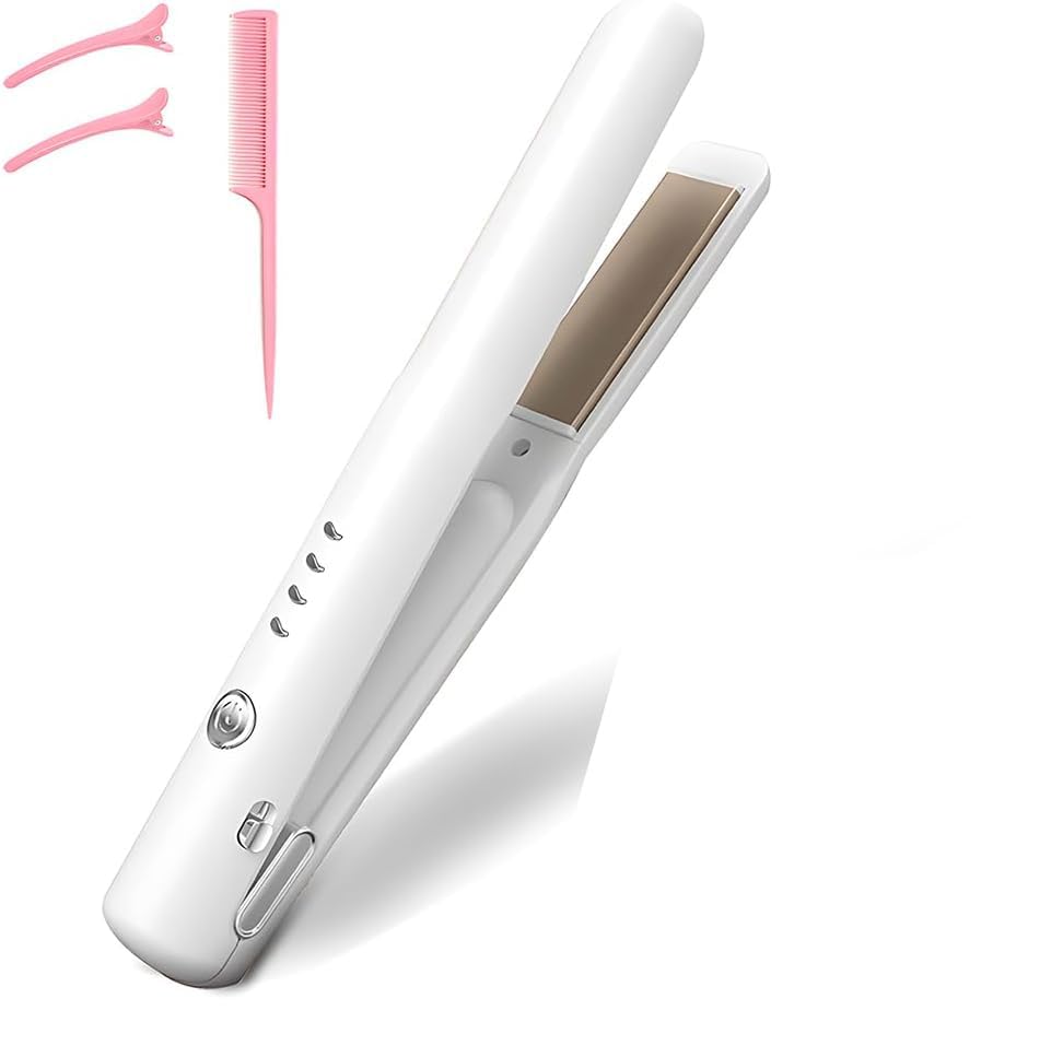 Cordless Hair Straighteners – Rechargeable Portable 2-in-1 Straightener and Curler, Travel-Friendly with 4 Temperature Levels, Fast Heat-Up for Home and Travel Use (White)