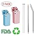 Collapsible Reusable straws Food-grade stainless Foldable Silicone Straw Portable hard case set with stand and cleaning brush For Travel,Household, Outdoor, Party (BLUE+PINK)