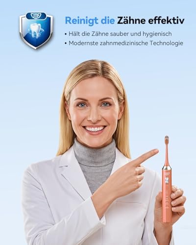 Elektrische Schallzahnbürste mit UV Reinigung und Trocknung Kabellose Ladestation, 5 Reinigungsmodi, 6 Ersatzbürstenköpfe, Spülbecher, Wiederaufladbar für Zuhause und Reisen (Orange)