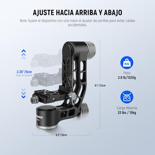 NEEWER GM102 Cabezal Gimbal para Trípode Monópode Teleobjetivos, 360° Cabezal Trípode Cámara Panorámica, Ajuste 3 Ejes, Aleación Aluminio CNC Resistente, Liberación Rápida Tipo Arca, Carga Máx 15 kg
