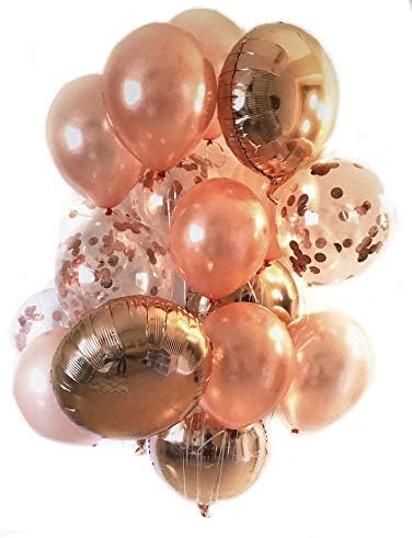 Pristine Parties Best Rose Gold Confetti Balloons for Party | 18 Pack Premium 100% Latex Balloons | 4 Mylar, 6 Clear Confetti, 8 Shiny Matte