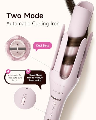 5 in 1 Auto Curling Iron Set with Interchangeable Barrels - 1", 1.25", 1.5" Curling Wand, Hair Crimper & Straightening Brush, Rotating Ceramic Curler, 3 Temp, Dual Voltage, Anti-Scald, Pink