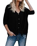 Womens Loose Fitting Henley Shirts Long Sleeve Button Down V Neck High Low Batwing Tops