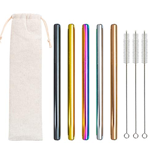 FENRIR Edelstahl Strohhalme Wiederverwendbar, 5 Stück Metall Boba-Strohhalme,12 mm Extra Breite Strohhalme Farbigen Mit…