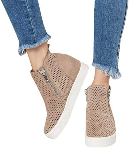 Womens Wedge Sneakers Platform Perforated Hidden Heel High Top Side Zip Fashion Ankle Booties