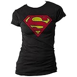 Superman Classic Distressed Logo Ladies T-shirt - Black