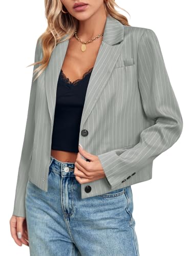 CICY BELL WOMENS CROPPED STRIPED BLAZER CASUAL LONG SLEEVE LAPEL BUTTON DOWN WORK BLAZER JACKETS GREY
