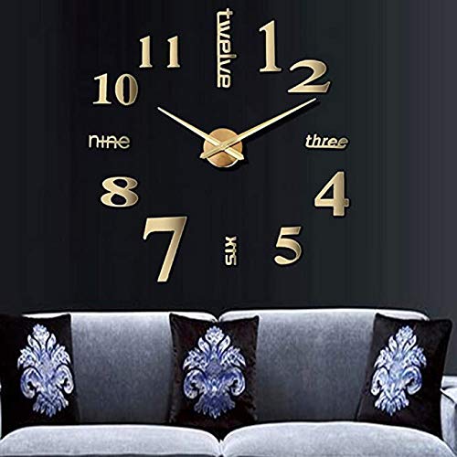 LZYMSZ Frameless Large 3D Wall Clock, Modern Mute DIY Mirror Stickers Numbers Big Watches Decals Home Office Hotel Decoration(Gold)
