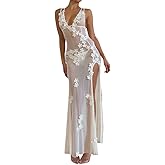 Sexy See Through Sheer Mesh Maxi Dress Sleeveless Lace Patchwork Long Dress Perspective Backless Bodycon Beach Wear