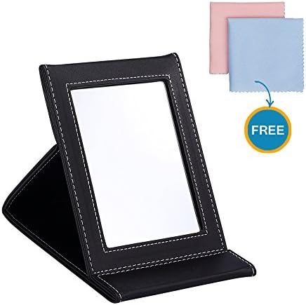 Prosper Prospects PU Leather Vanity Mirror, Makeup Mirror Folding Tabletop Mirror Portable Travel Mirror with Adjustable Stand for Personal Use, Camping, Travelling, Emergency Signaling(Black)