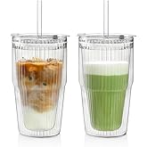 KEMORELA 16oz Ribbed Glass tumbler with Lids and Straws 2pcs,Double Wall Iced Coffee Cups with Lids,Coffee Bar Accessories, Insulated Borosilicate Glass Tumblers, To Go Coffee Cups, Spill proof