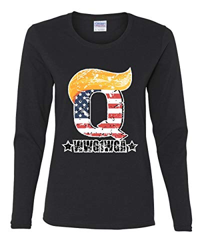 Q WWG1WGA The Great Awakening Women's Long Sleeve Tee Q Anon MAGA Trump Hair Black L
