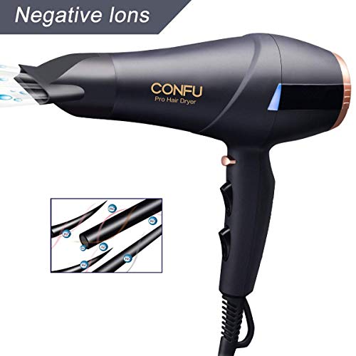 Professional Ionic Hair Dryer CONFU 1875W AC Motor Blow Dryer with Diffuser 2 Concentrators Fast Drying with 3 Heat 2 Speed Settings Cool Shot Button LED Night Light ETL Certified Black