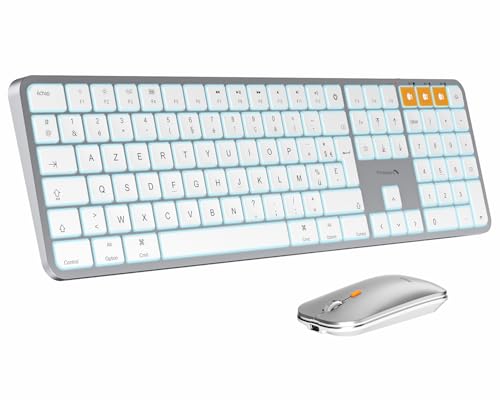 ProtoArc KM100-A Wireless Keyboard Mouse Mac Retro Illuminated, AZERTY Bluetooth Keyboard and Mouse Set, Flat White Multi-Device Keyboard for MacBook Pro, MacBook Air, iPhone, iPad
