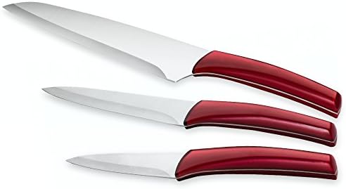 Kitchen Maestro, 3 Piece Stainless Steel Knife Set in Gift Box - 8 Inch Chef's Knife, 5 Inch Utility Knife, 3.5 Inch Paring Knife - Full Tang (Red)