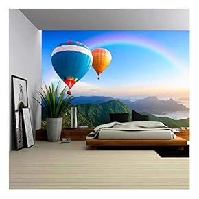 Colorful Hot-Air Balloons Flying Over The Mountain - Removable Wall Mural | Self-Adhesive Large Wallpaper - 66x96 inches