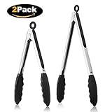 Benewell 2 Pack Kitchen Food Tongs, 9’’ & 12’’ Stainless Steel Cooking Tongs with Silicone Rubber Tips and Locking Design for Salad, Snake, BBQ, Grilling, Food Serving and More - Black